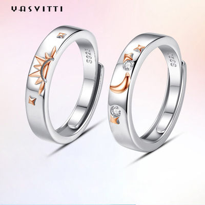 0,35cm 1,2g Mặt trăng và sao Nhẫn cặp đôi mạ vàng 18k Nhẫn bạc