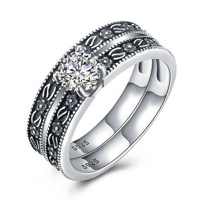 Bộ nhẫn cưới đính hôn cụm kim cương cao cấp cổ điển 925 Sterling Silver Diamond Studded Cluster