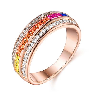 Vàng hồng mạ bạc 925 Thời trang sang trọng đầy màu sắc Cầu vồng Zircon Nhẫn nữ trang sức