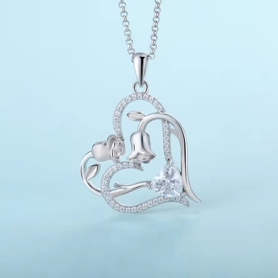 YASVITTI OEM Quà tặng phụ nữ Trái tim đến trái tim vòng cổ Cubic Zirconia Rhodium Plated Sweet 925 Sterling Silver Double Heart