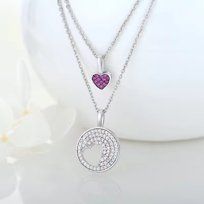 YASVITTI bán buôn Rhodium 925 Sterling Silver Zircon đồ trang sức tùy chỉnh lãng mạn Pink Heart Bling Charm Necklace