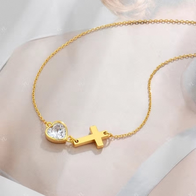 YASVITTI Bezel Heart Cubic Zirconia Necklace 925 Bạc cổ điển Thập giá Đơn giản Necklace 18K vàng mạ nhà máy bán buôn