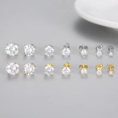Vòng tai thời trang Hàn Quốc Đồ trang sức 925 Sterling Silver Classic Vòng tai kim cương đơn 2-10mm Zirconia Stud Vòng tai cho phụ nữ