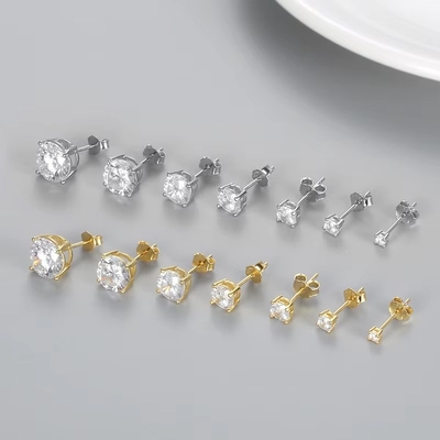 Vòng tai thời trang Hàn Quốc Đồ trang sức 925 Sterling Silver Classic Vòng tai kim cương đơn 2-10mm Zirconia Stud Vòng tai cho phụ nữ