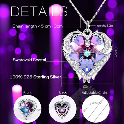 18in 0.29oz Sterling Silver Heart Mặt dây chuyền Vòng cổ Mặt dây chuyền trái tim pha lê màu hồng hợp thời trang