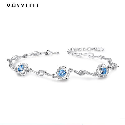 7,3in 5,2g Vòng tay trang sức bạc Sterling AAA CZ Blue Rhinestone Bracelet