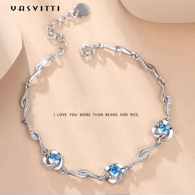 7,3in 5,2g Vòng tay trang sức bạc Sterling AAA CZ Blue Rhinestone Bracelet