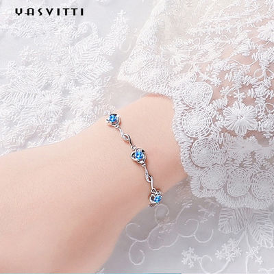 7,3in 5,2g Vòng tay trang sức bạc Sterling AAA CZ Blue Rhinestone Bracelet