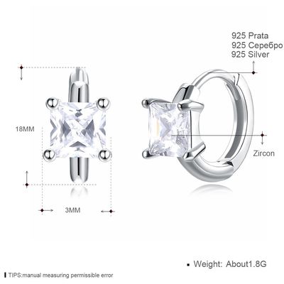 1,2 cm 316L SS Bông tai Zirconia khối vuông 3A CZ Bông tai đinh bạc Sterling