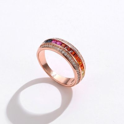 Vàng hồng mạ bạc 925 Thời trang sang trọng đầy màu sắc Cầu vồng Zircon Nhẫn nữ trang sức