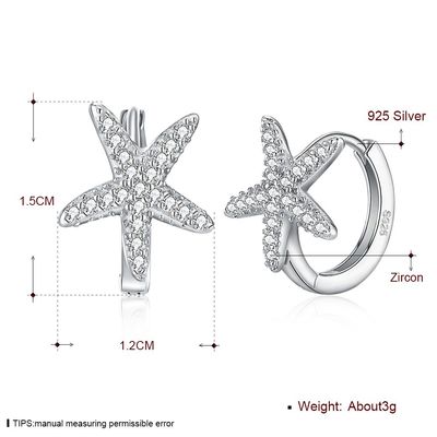 1x1cm 1.32g Sterling Silver Jewelry Earrings 5A Starfish Cubic Zirconia Earring