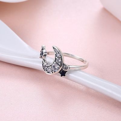 Ngôi sao thanh lịch và trăng lưỡi liềm mở nhẫn 925 Sterling Silver cho phụ nữ Teen Girls Nhẫn vĩnh cửu pha lê