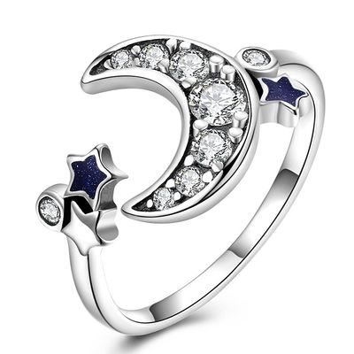 Ngôi sao thanh lịch và trăng lưỡi liềm mở nhẫn 925 Sterling Silver cho phụ nữ Teen Girls Nhẫn vĩnh cửu pha lê