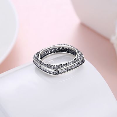 Nhẫn bạc cao quý 925-Hình vuông khối vuông khảm Zircon-Nhẫn cổ điển-Trang sức bạc thời trang