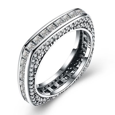 Nhẫn bạc cao quý 925-Hình vuông khối vuông khảm Zircon-Nhẫn cổ điển-Trang sức bạc thời trang